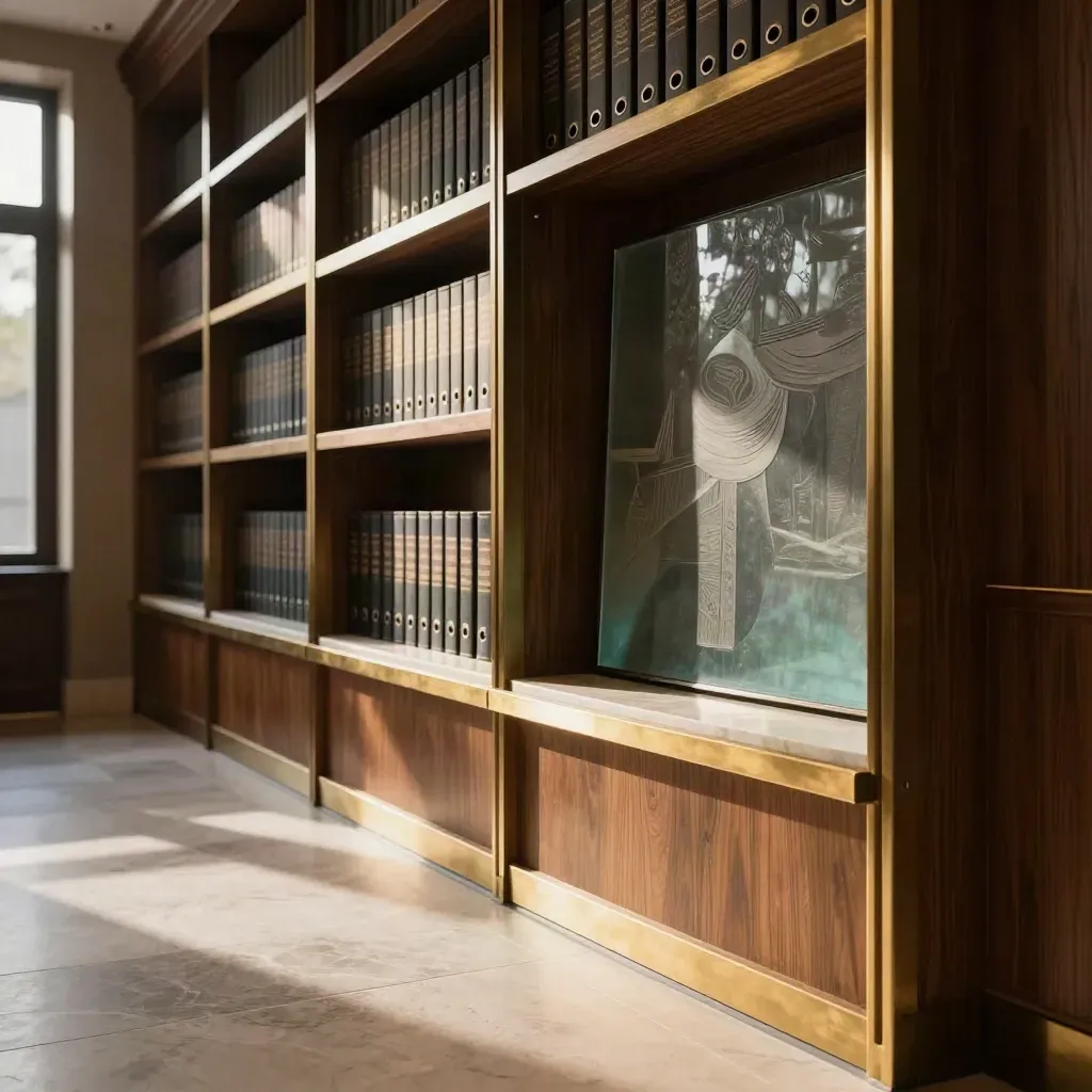 Refreshed law firm foyer with oak shelving, limestone, brass and folders.