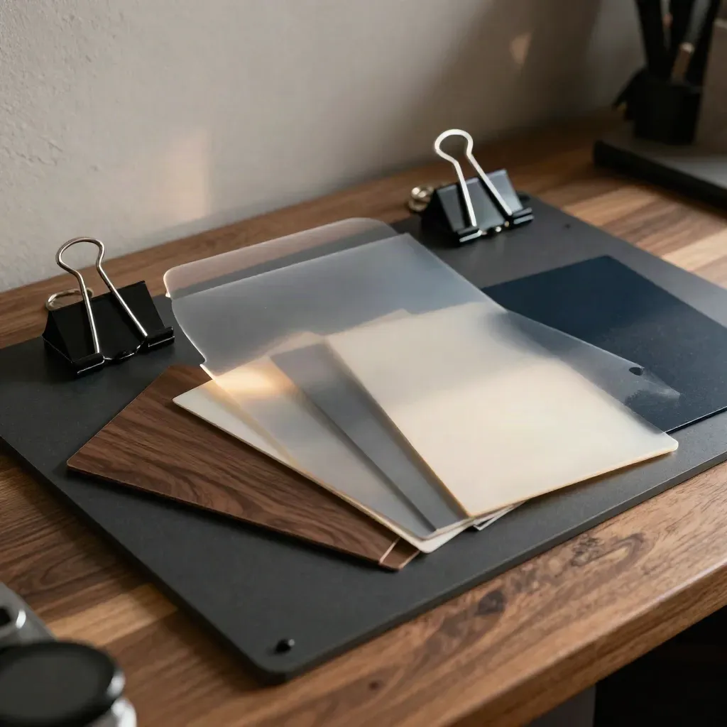 Acetate overlays, binder clips and edge-painted swatches on a walnut layout bench in dramatic side light