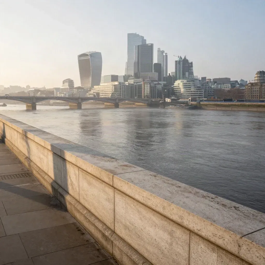 Greater London skyline over the Thames at sunrise with mist, bridges, and calm open river below