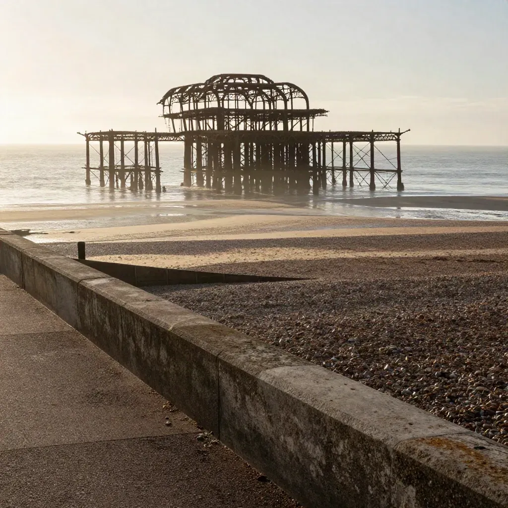 Brighton seafront and the West Pier ruin above calm misty low-tide flats at sunset.