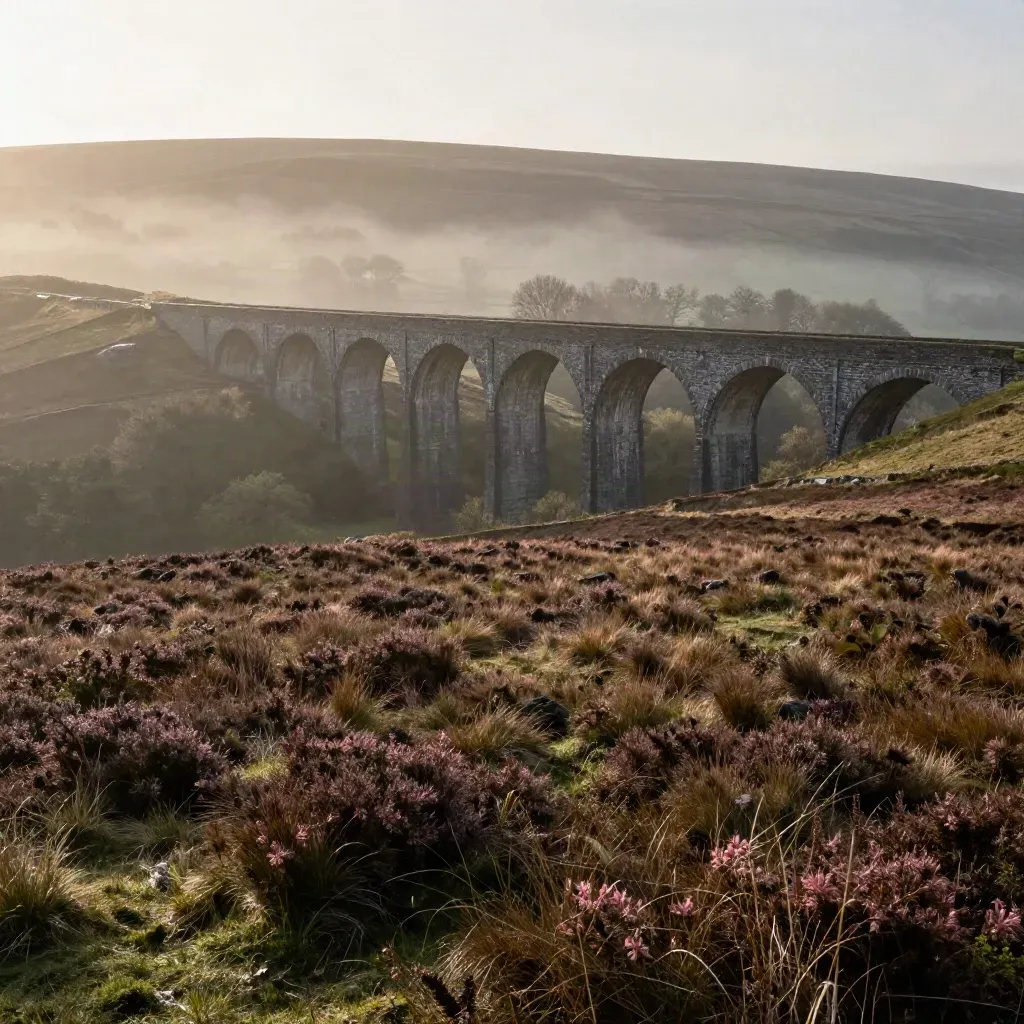 Misty Pennine ridge with a stone viaduct above a calm North West England valley.